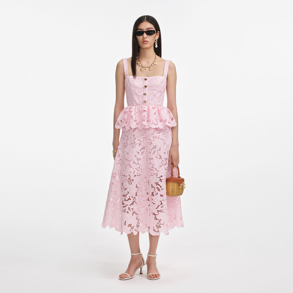 Pink Lace Peplum Midi Dress