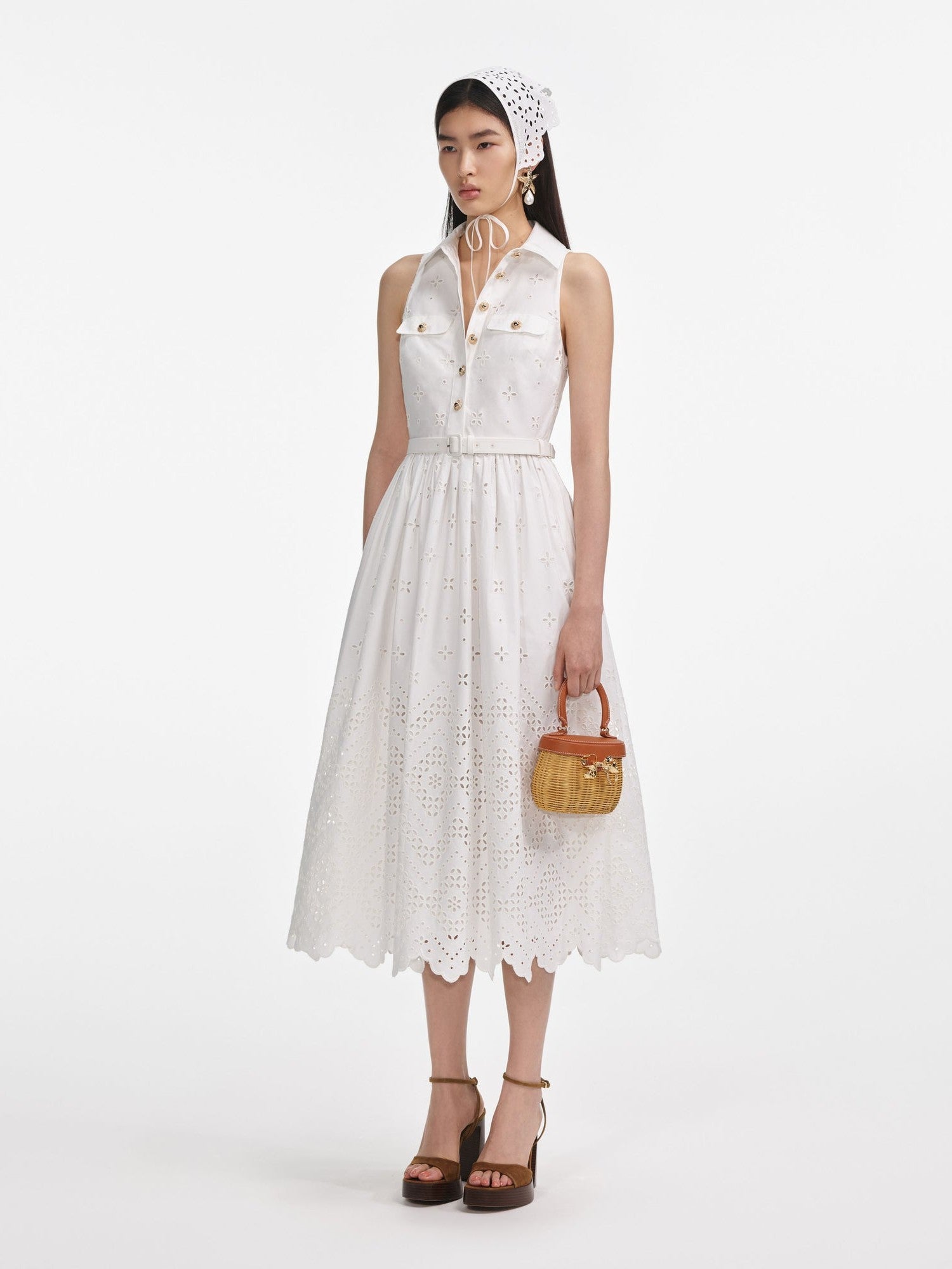 White cotton broderie midi dress