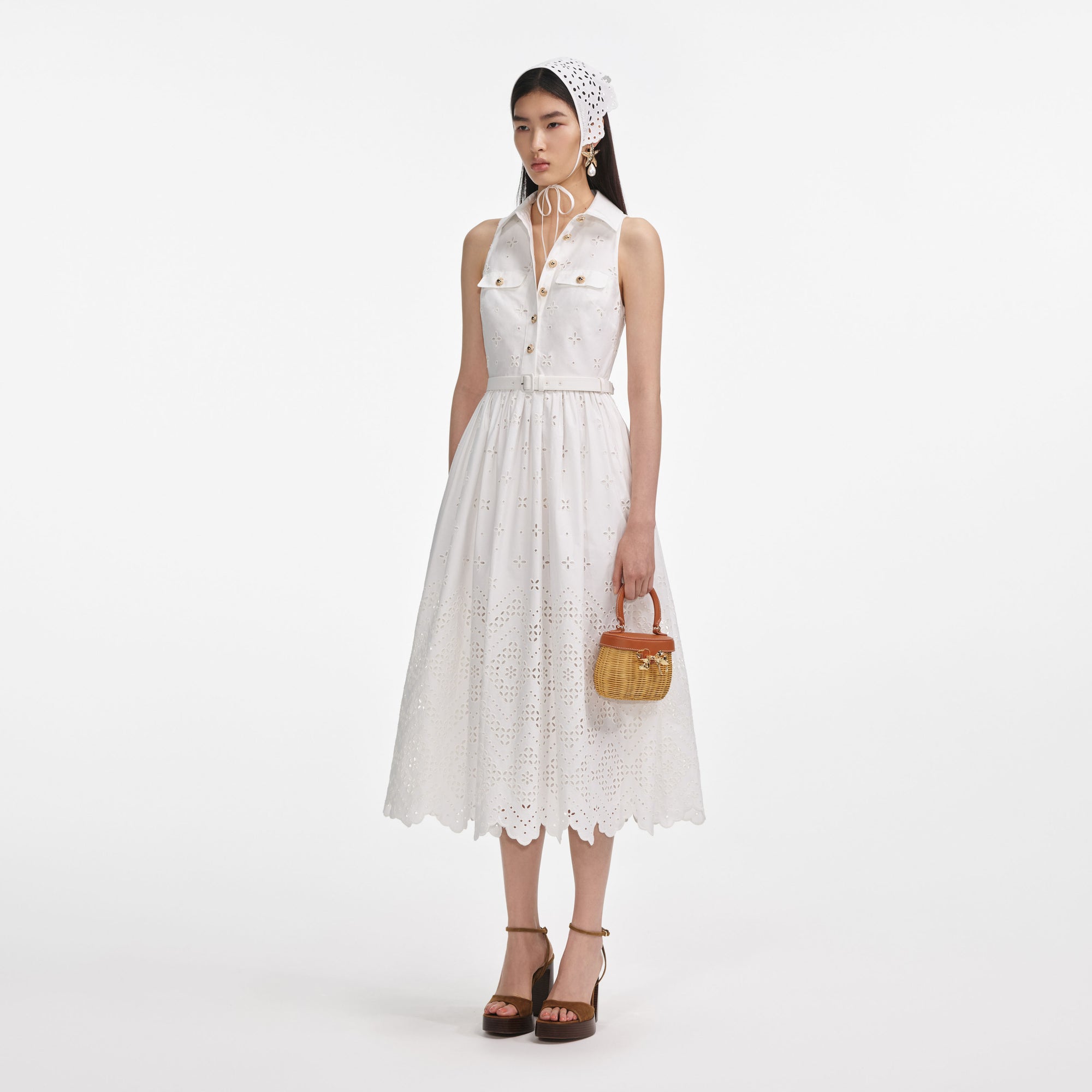 White cotton broderie midi dress