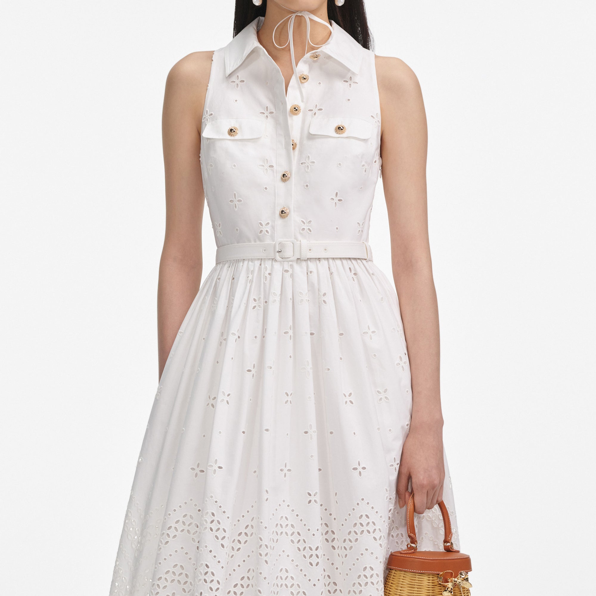 White cotton broderie midi dress