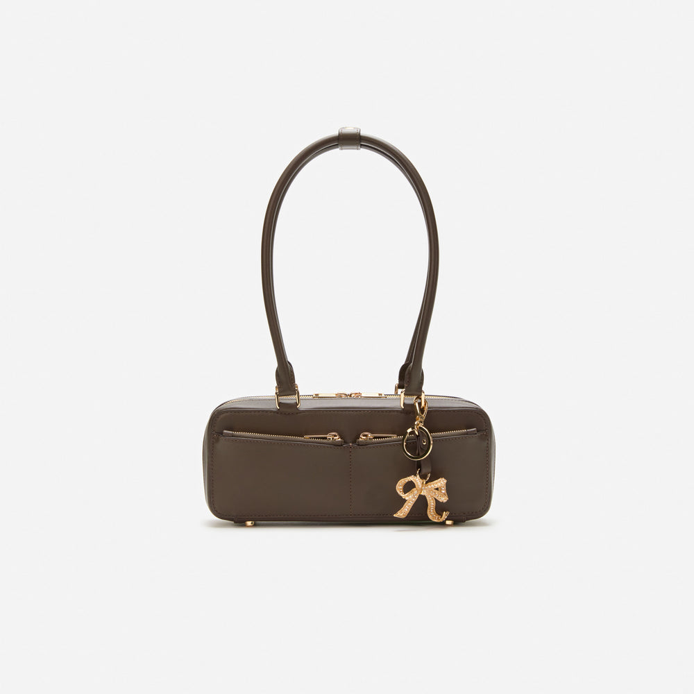 BROWN LEATHER BAGUETTE SHOULDER BAG WITH CHARM