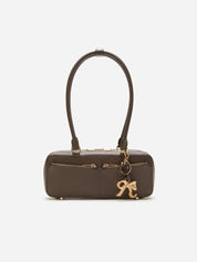 Brown leather baguette shoulder bag with charm