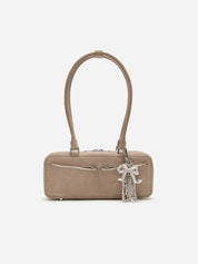 Grey suede baguette shoulder bag with charm