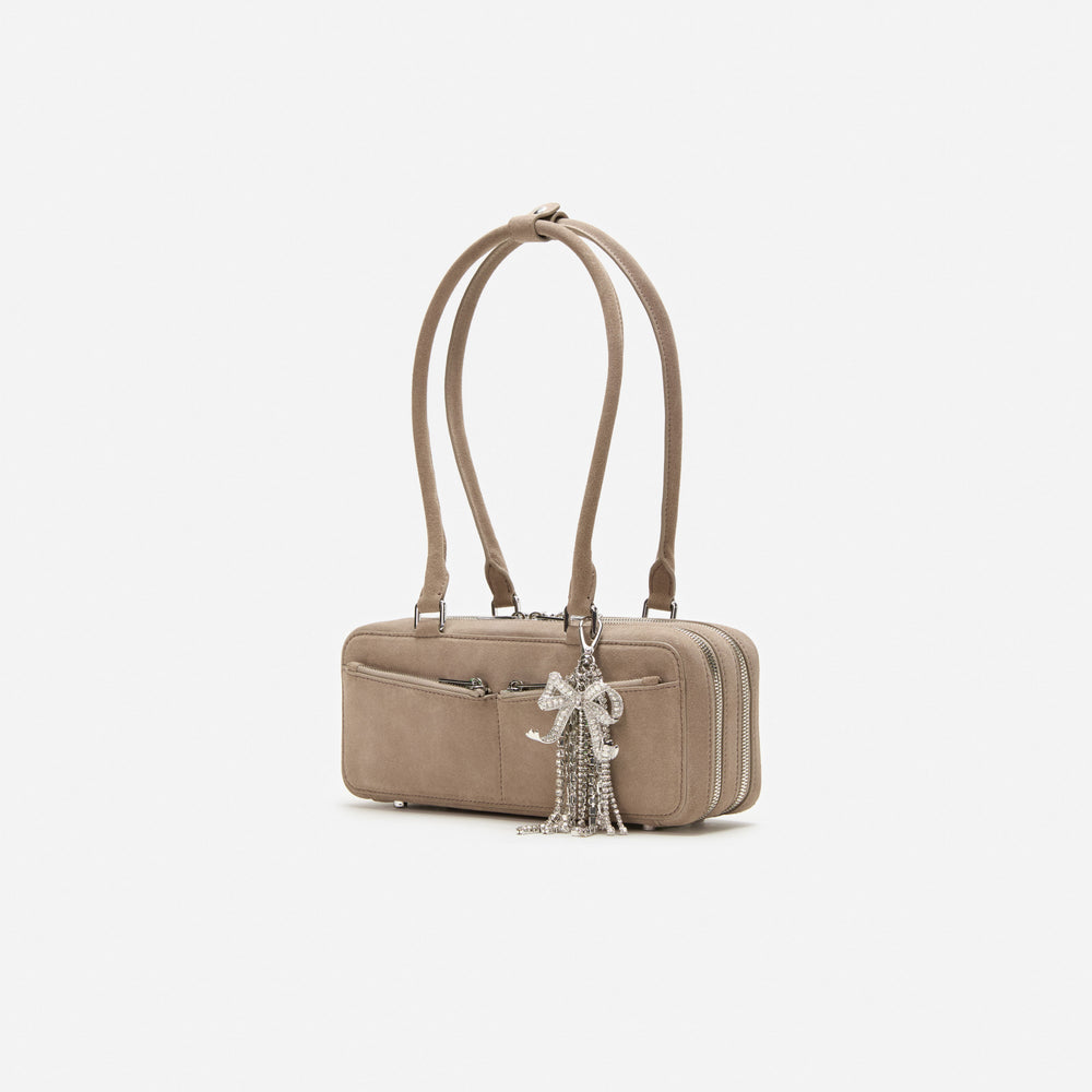 Grey Suede Baguette Shoulder Bag With Charm