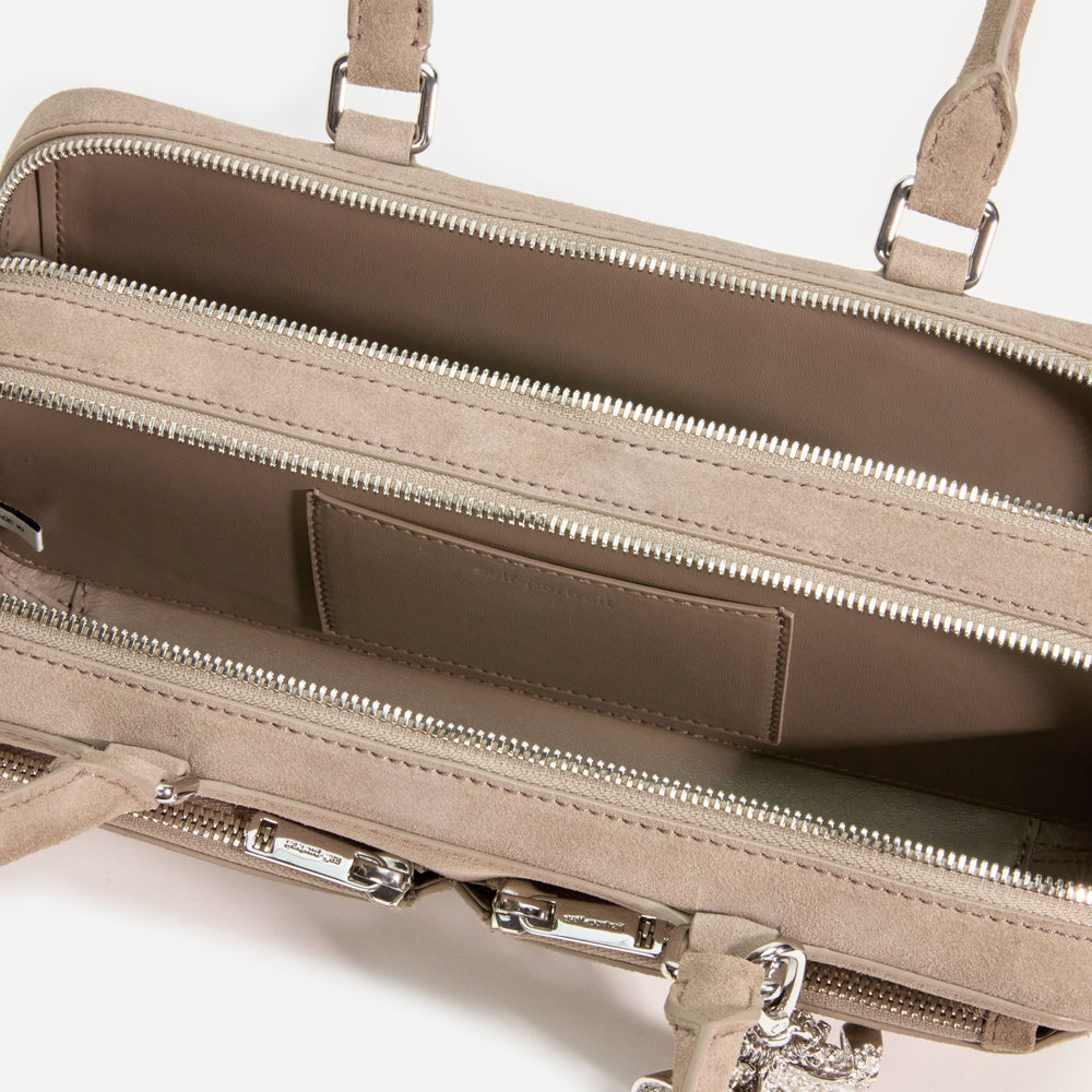 Grey Suede Baguette Shoulder Bag With Charm