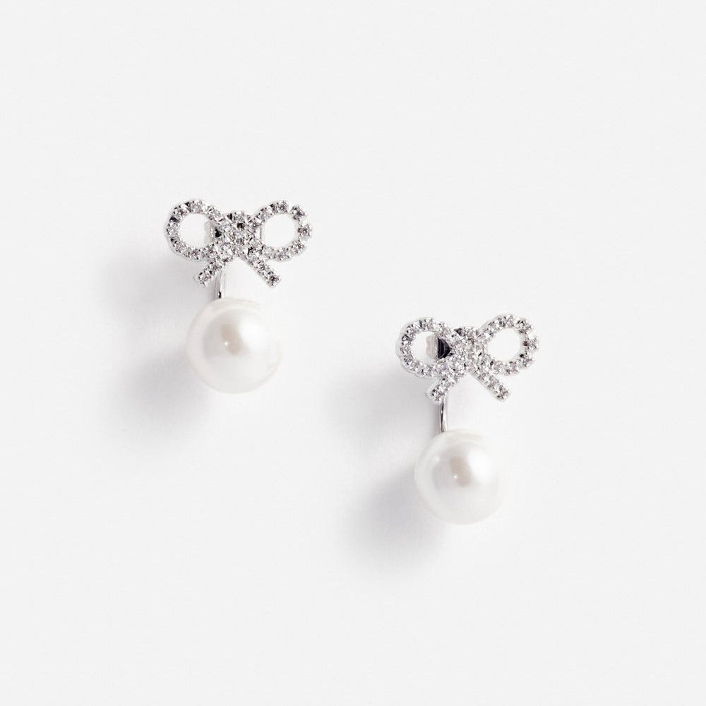CRYSTAL BOW PEARL JACKET EARRINGS