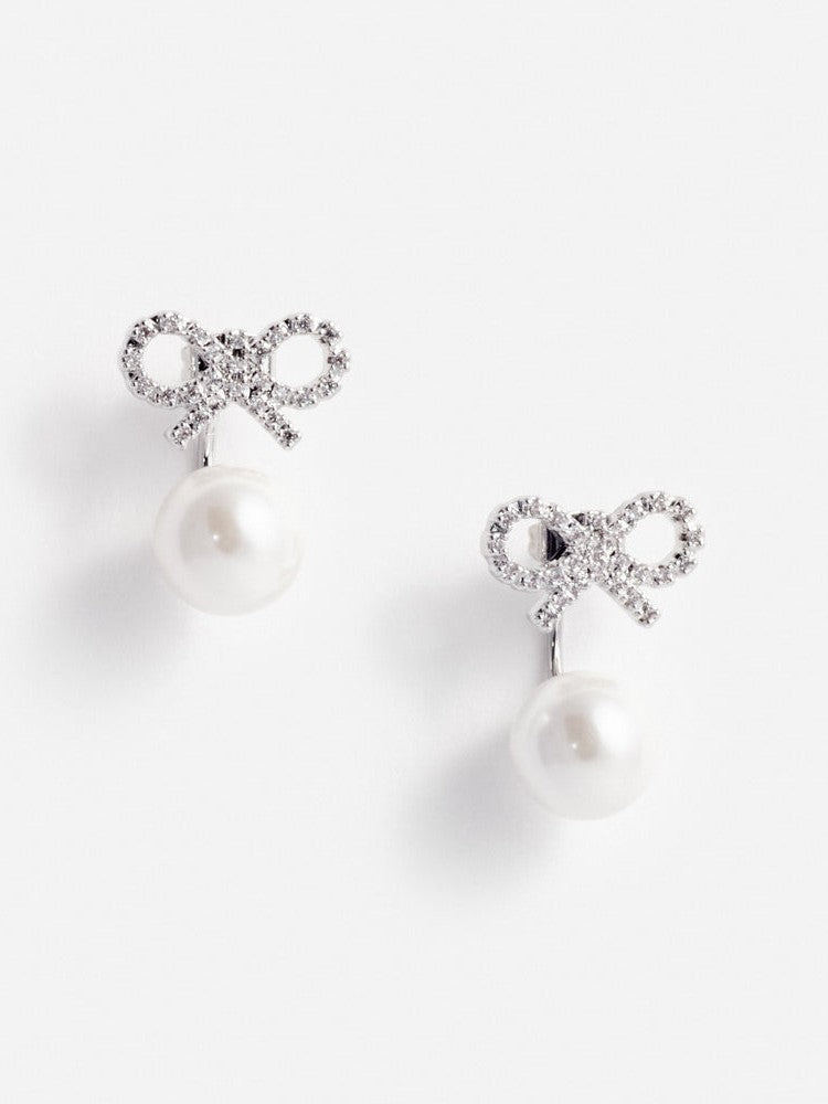 Crystal bow pearl jacket earrings