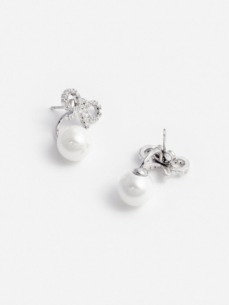 Crystal bow pearl jacket earrings