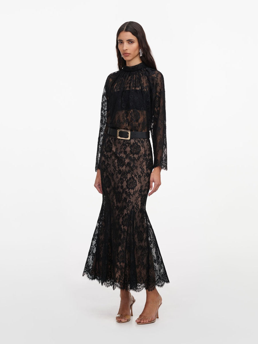 Black lace midi skirt