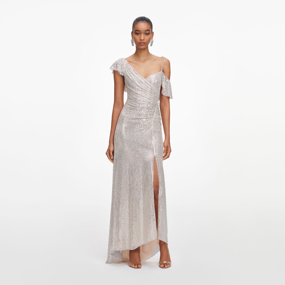 Champagne rhinestone ruffle draped maxi dress