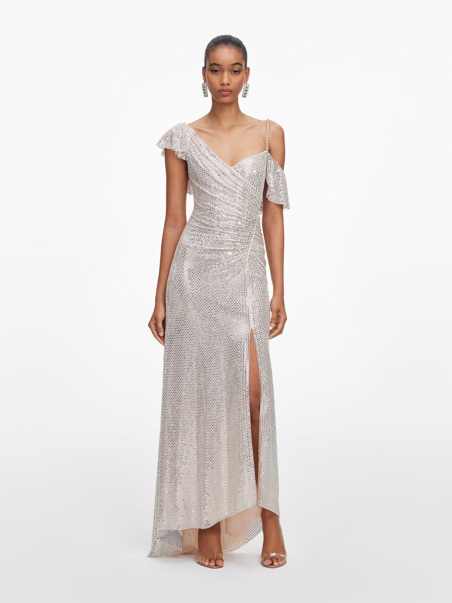 Champagne rhinestone ruffle draped maxi dress