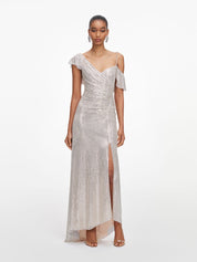 Champagne rhinestone ruffle draped maxi dress