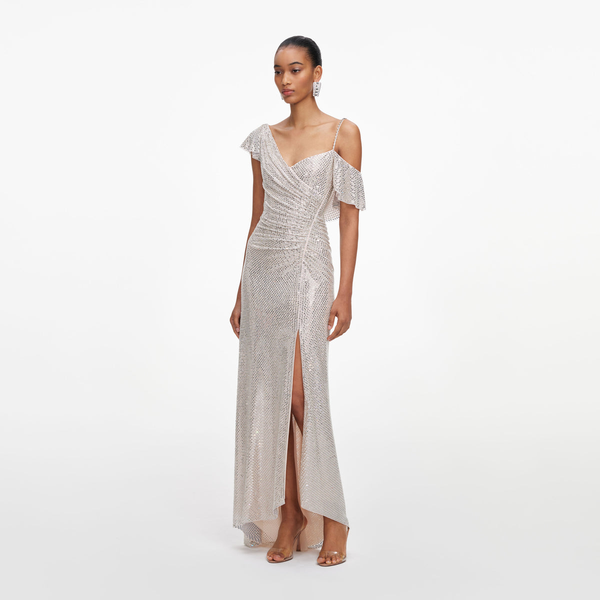 Champagne rhinestone ruffle draped maxi dress