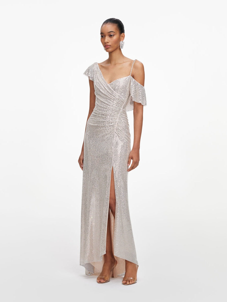 Champagne rhinestone ruffle draped maxi dress
