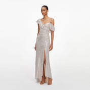 Champagne rhinestone ruffle draped maxi dress