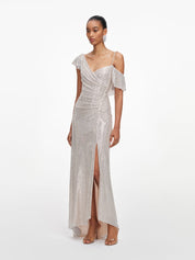 Champagne rhinestone ruffle draped maxi dress