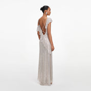 Champagne rhinestone ruffle draped maxi dress