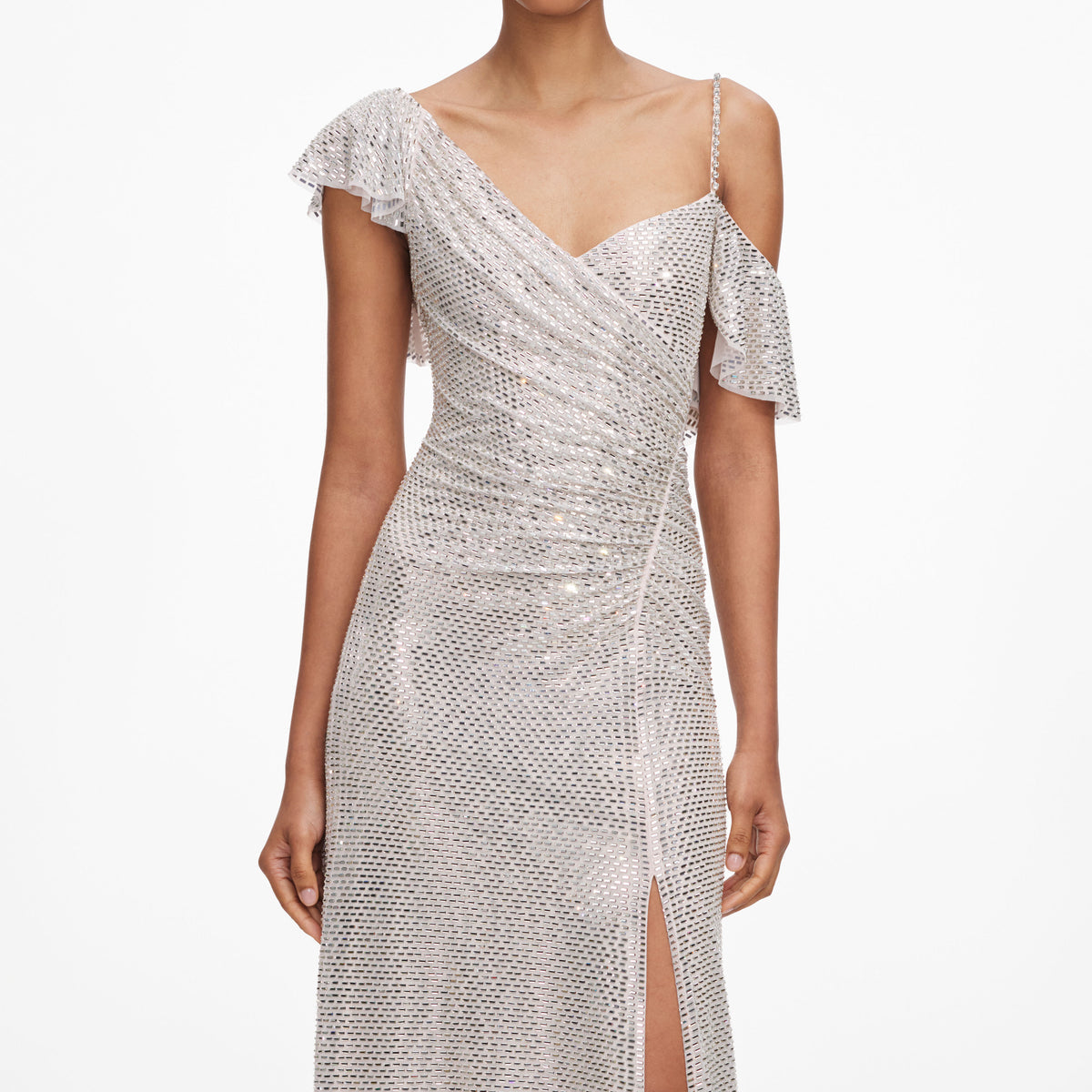 Champagne rhinestone ruffle draped maxi dress