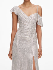 Champagne rhinestone ruffle draped maxi dress