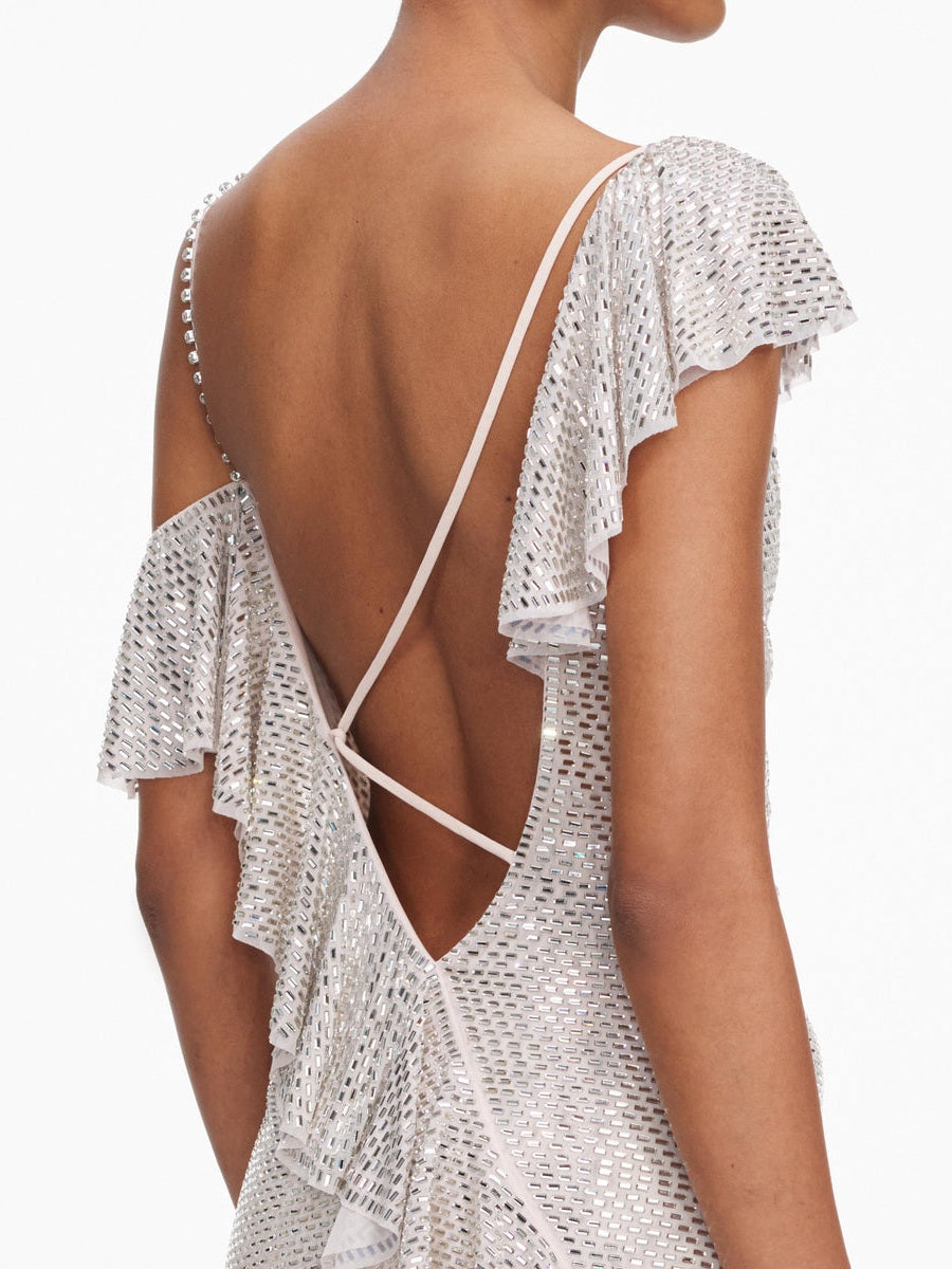 Champagne rhinestone ruffle draped maxi dress
