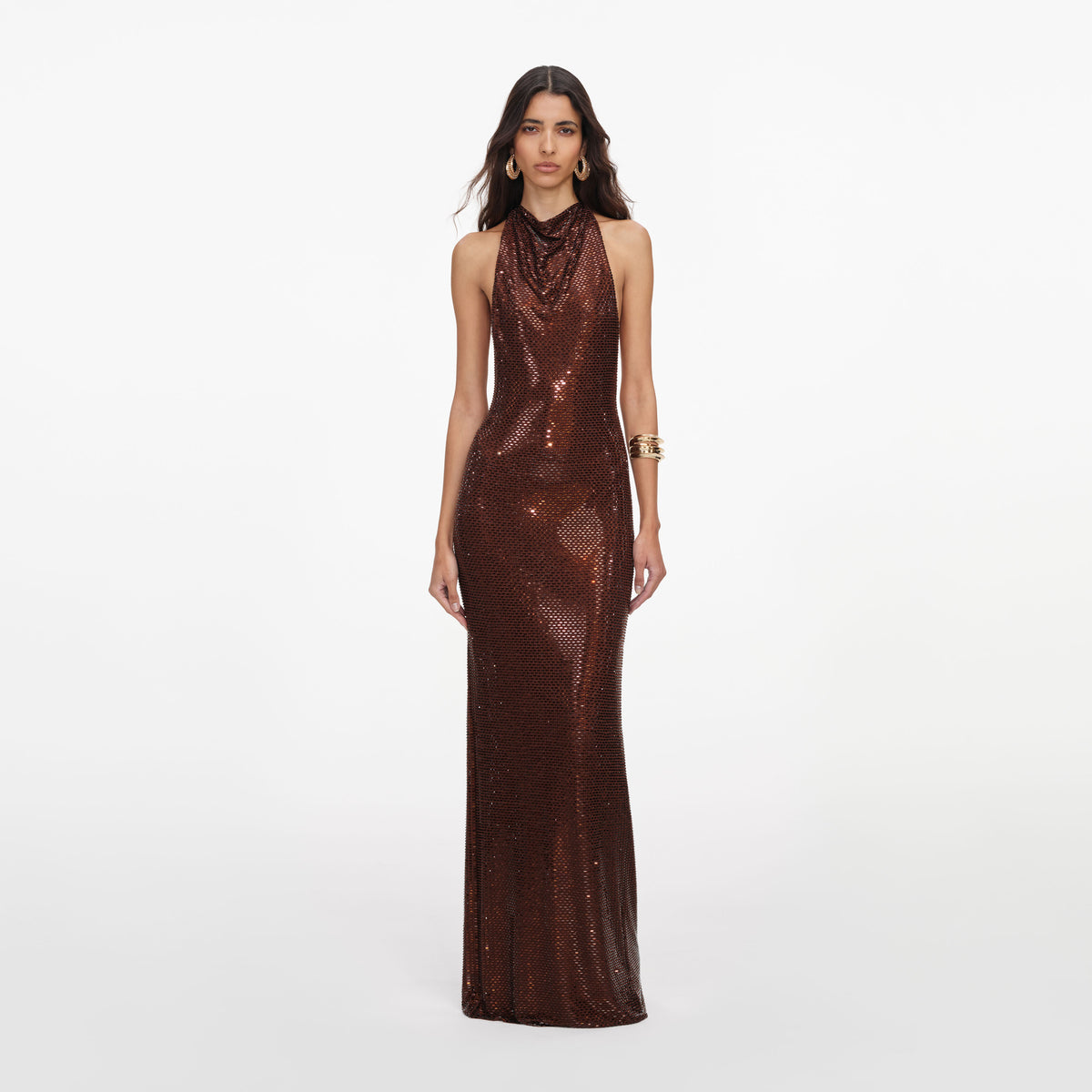 Brown rhinestone racer back maxi dress
