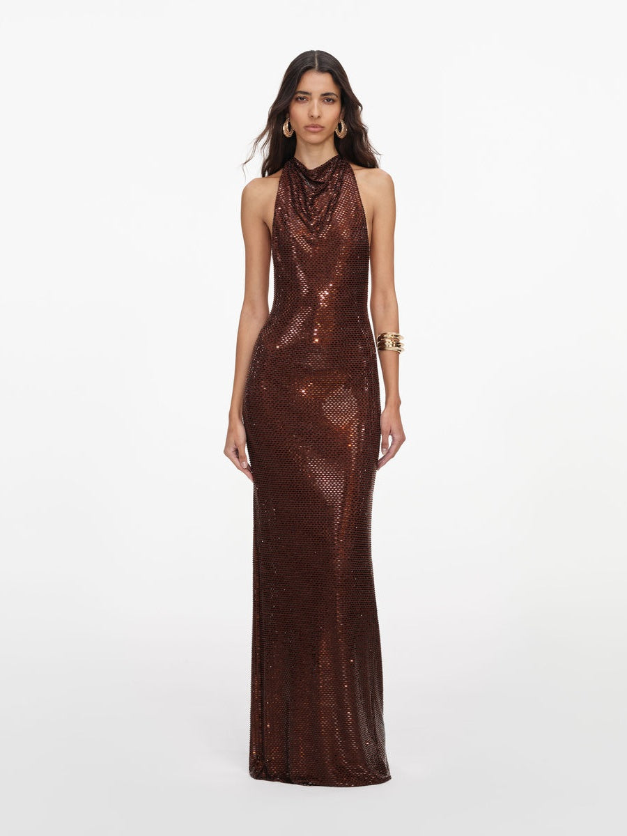 Brown rhinestone racer back maxi dress