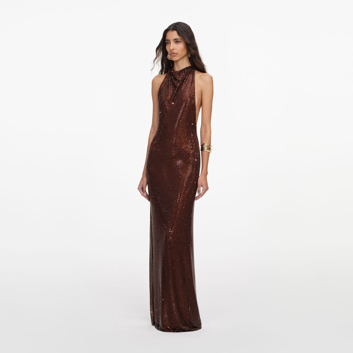 Brown rhinestone racer back maxi dress
