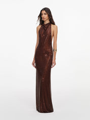 Brown rhinestone racer back maxi dress