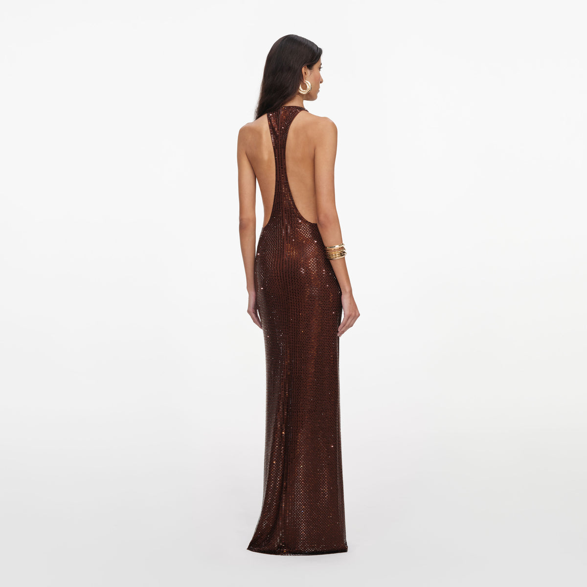 Brown rhinestone racer back maxi dress