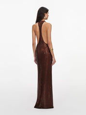 Brown rhinestone racer back maxi dress