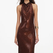 Brown rhinestone racer back maxi dress
