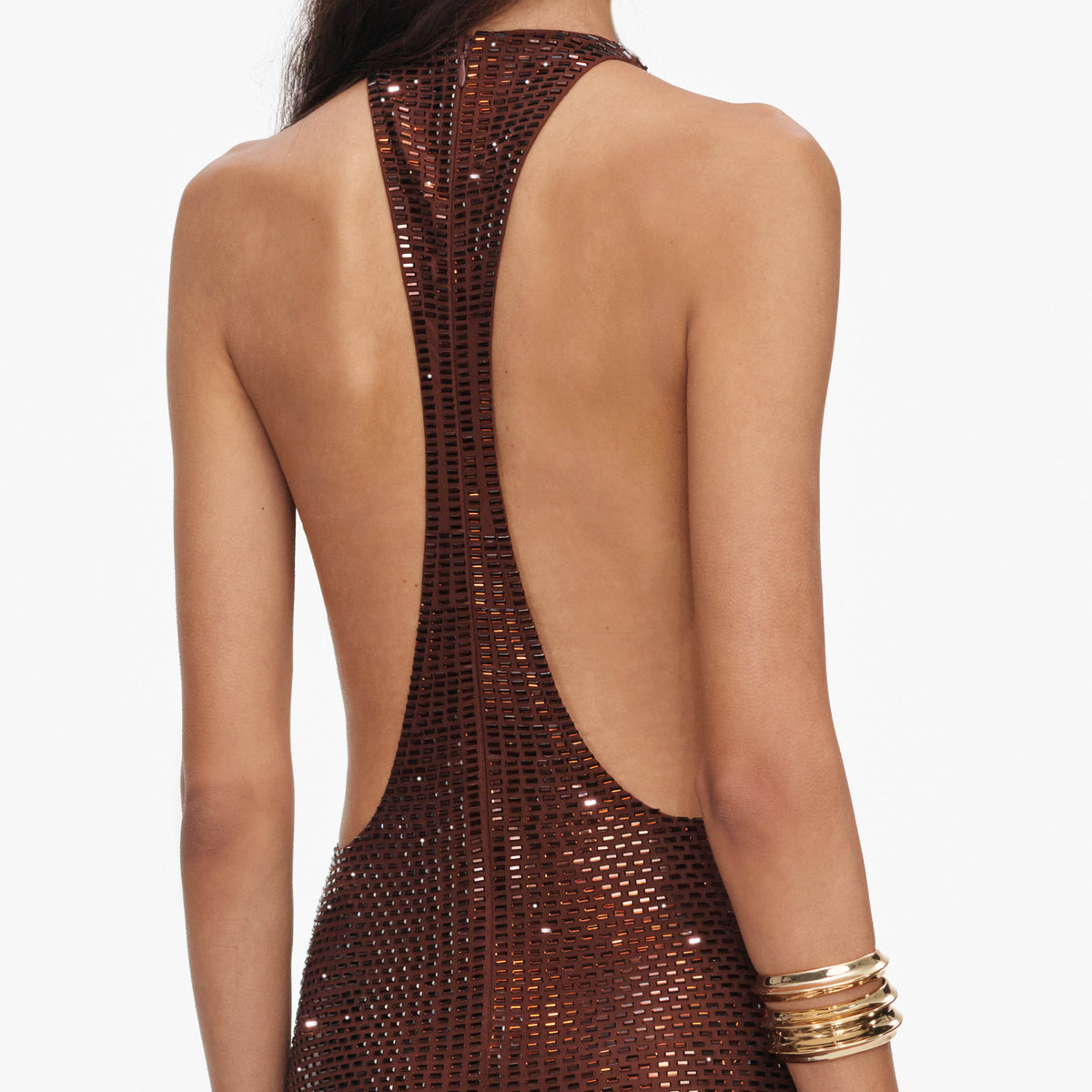 Brown rhinestone racer back maxi dress