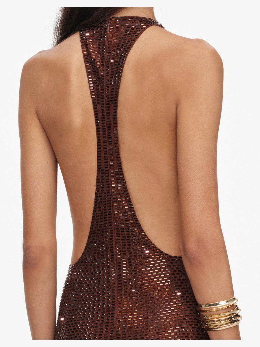 Brown rhinestone racer back maxi dress