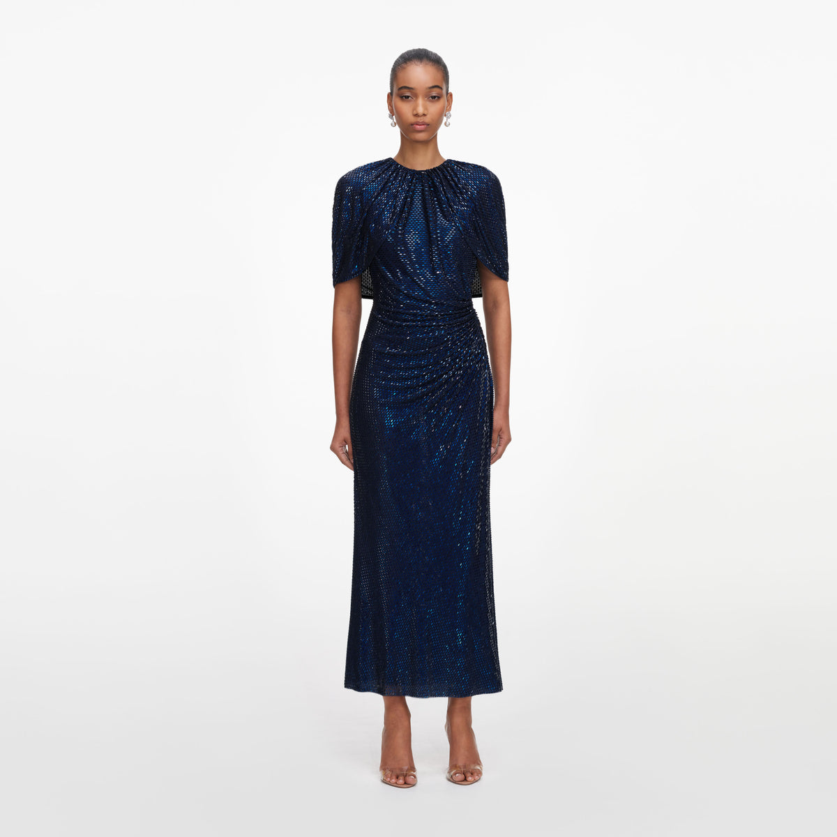 Navy rhinestone cape sleeve midi dress