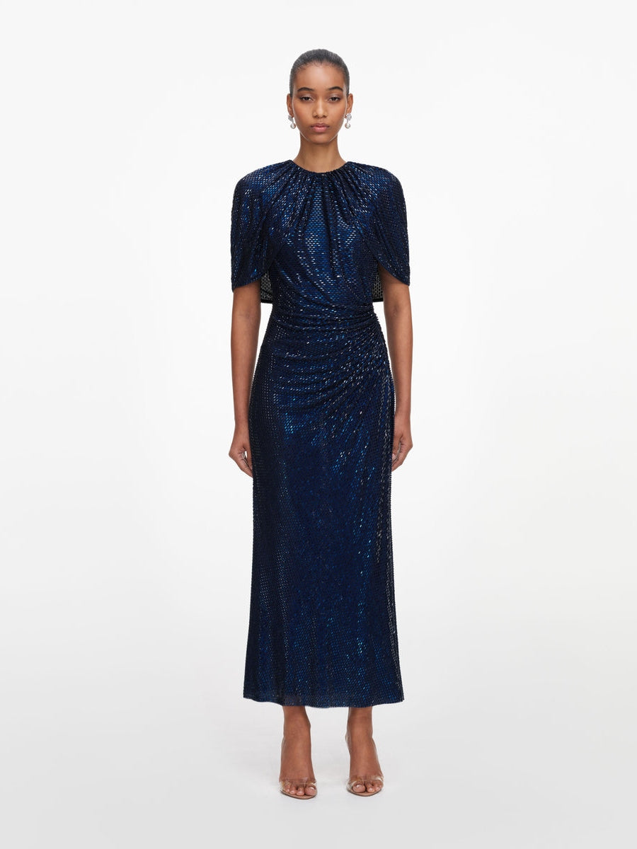 Navy rhinestone cape sleeve midi dress