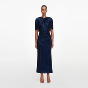 Navy rhinestone cape sleeve midi dress