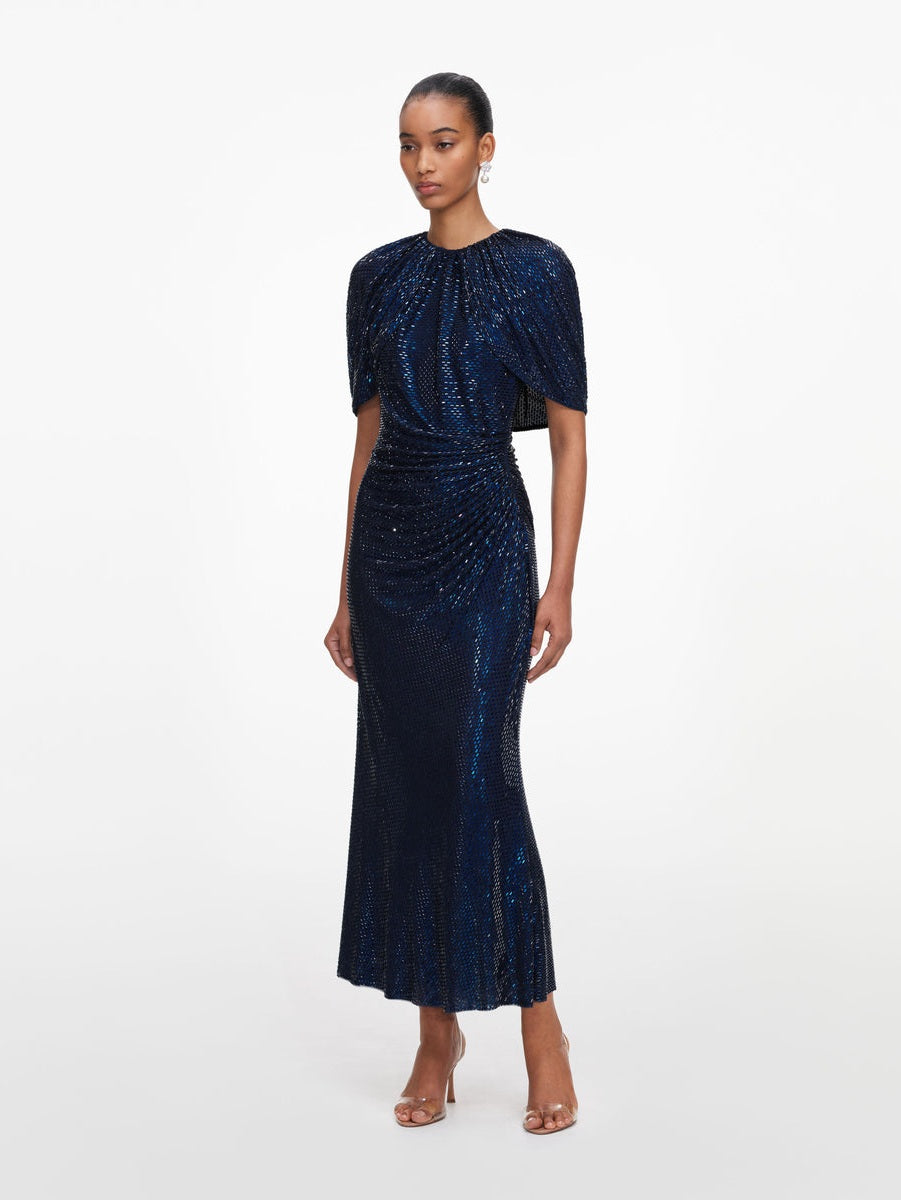 Navy rhinestone cape sleeve midi dress