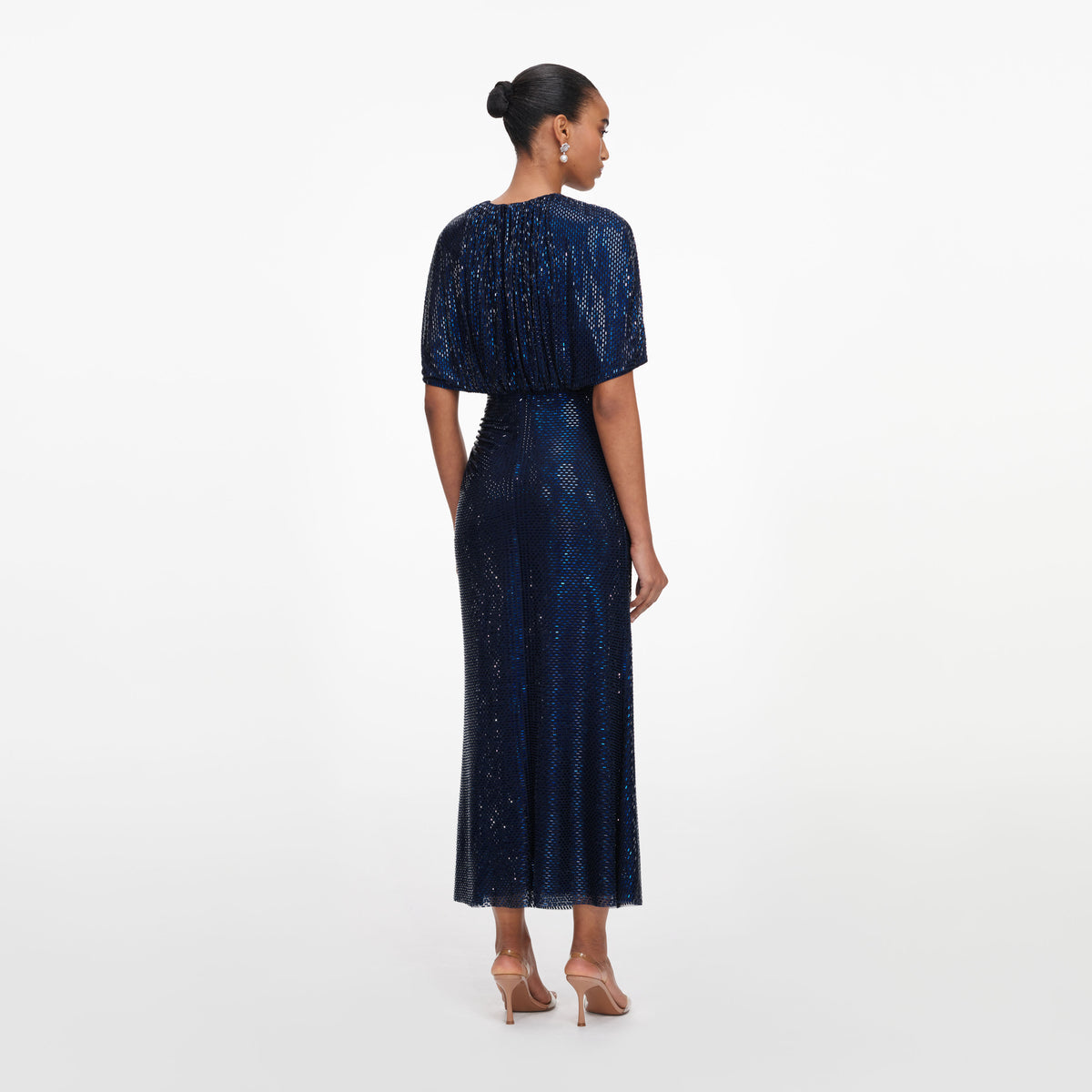 Navy rhinestone cape sleeve midi dress