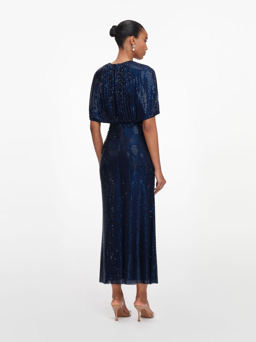 Navy rhinestone cape sleeve midi dress