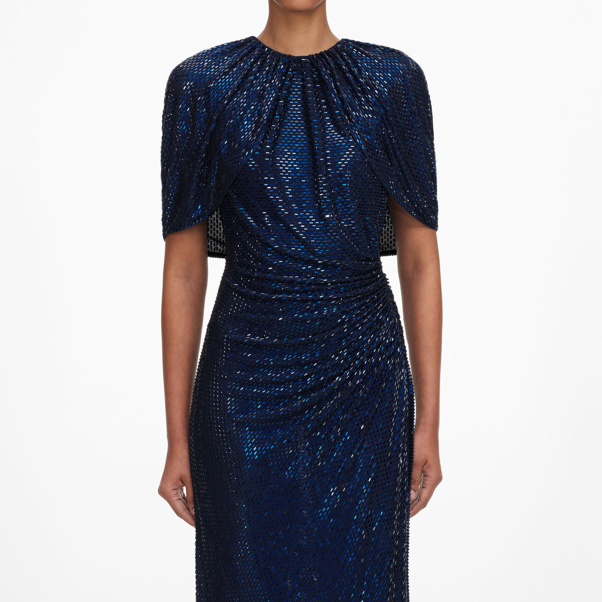 Navy rhinestone cape sleeve midi dress