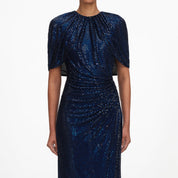 Navy rhinestone cape sleeve midi dress