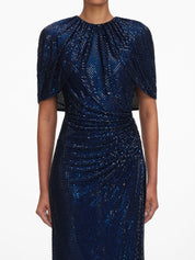 Navy rhinestone cape sleeve midi dress