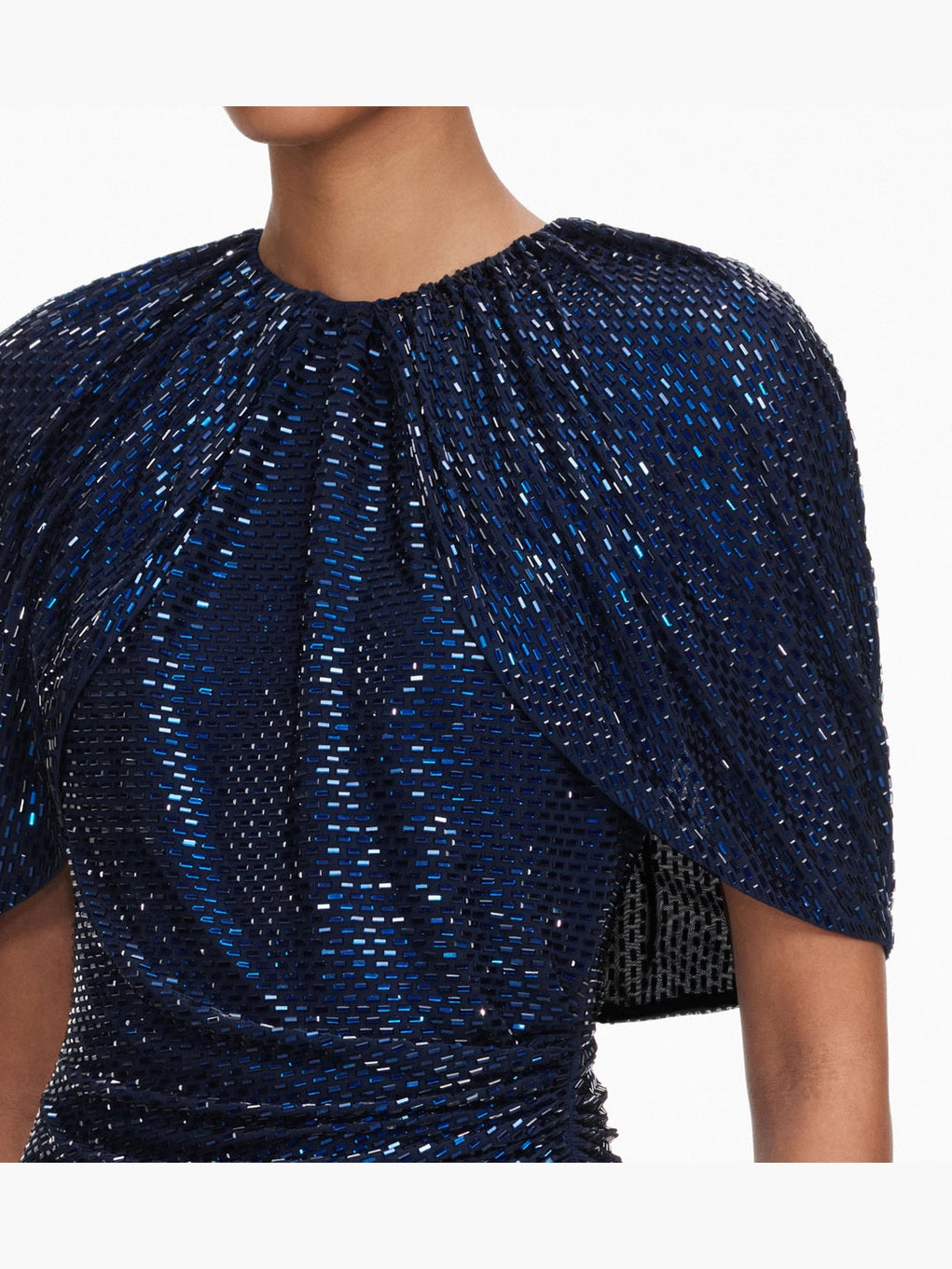 Navy rhinestone cape sleeve midi dress