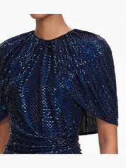Navy rhinestone cape sleeve midi dress