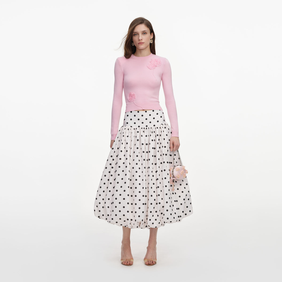 Cream polka dot taffeta midi skirt