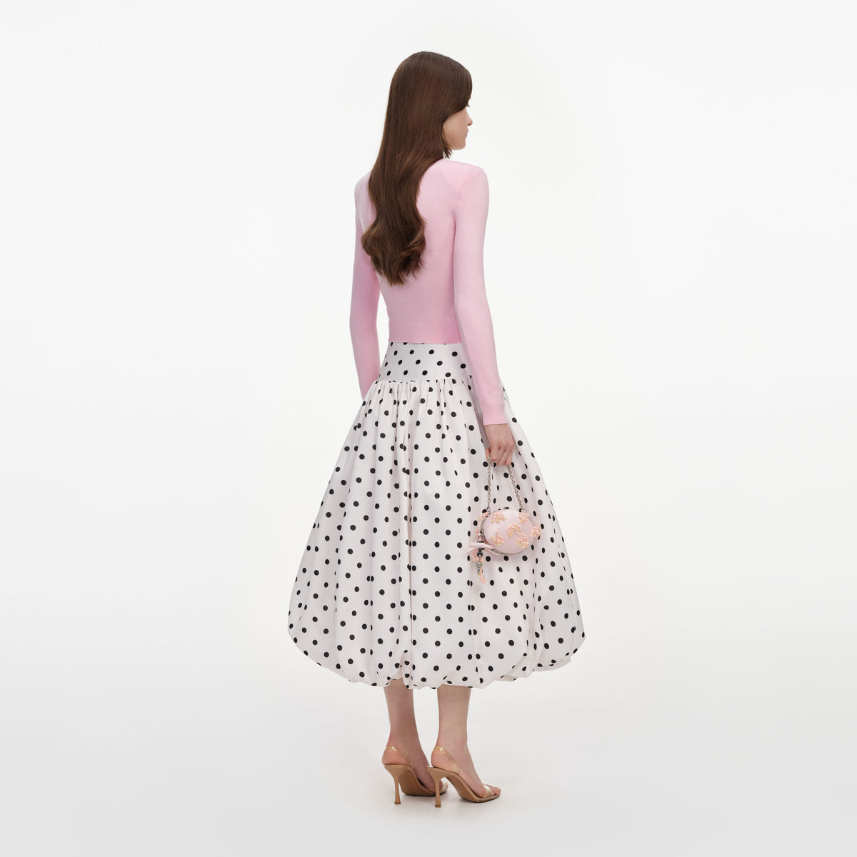 Cream polka dot taffeta midi skirt