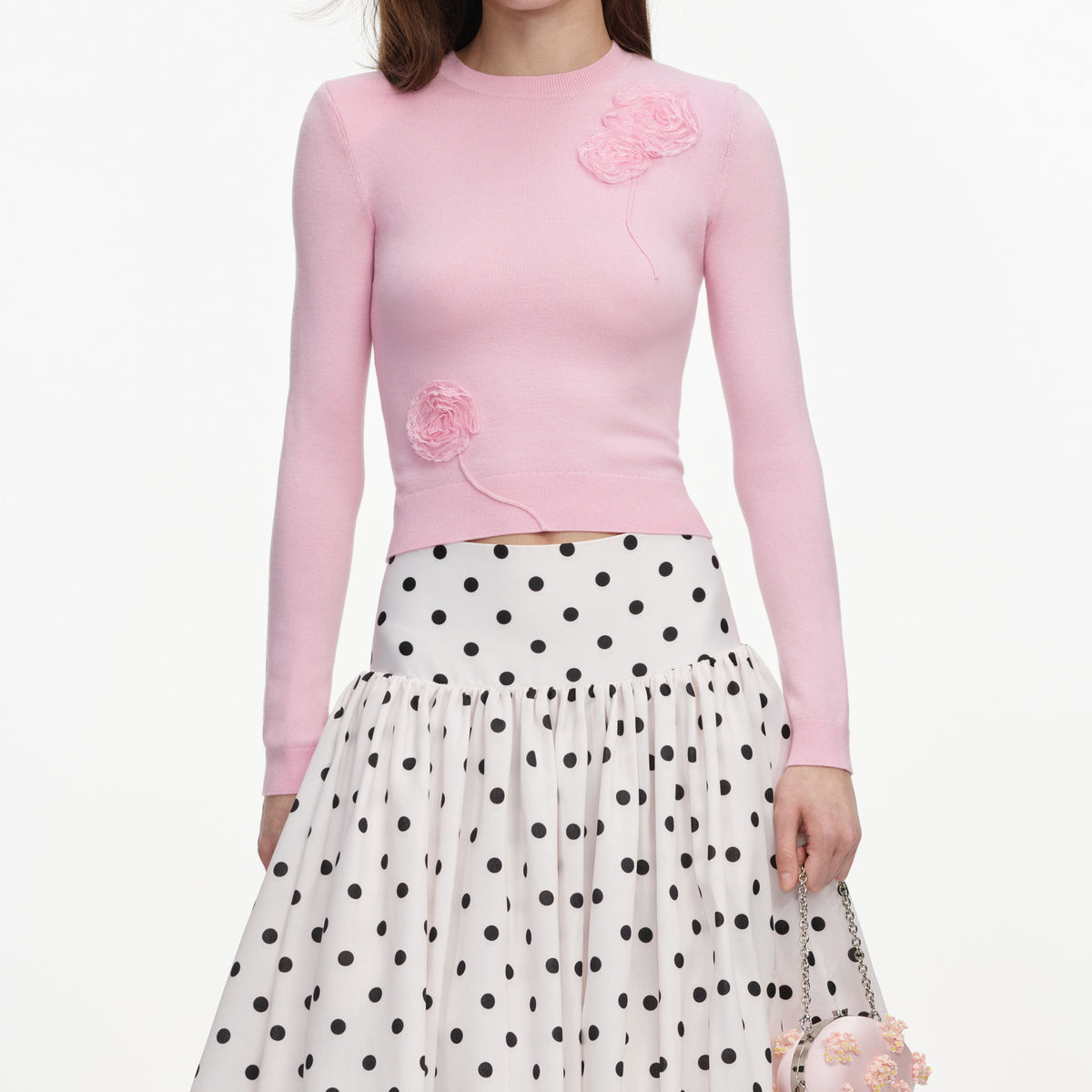Cream polka dot taffeta midi skirt