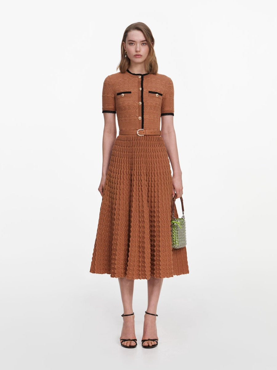 Brown pointelle knit midi dress