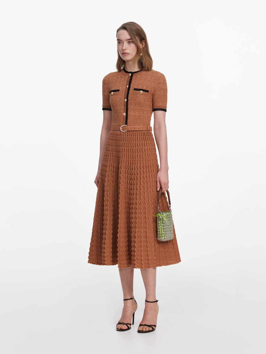 Brown pointelle knit midi dress