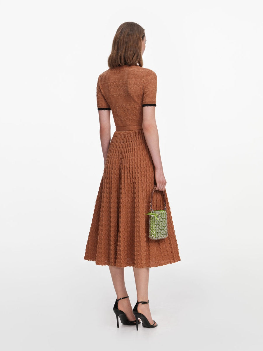 Brown pointelle knit midi dress